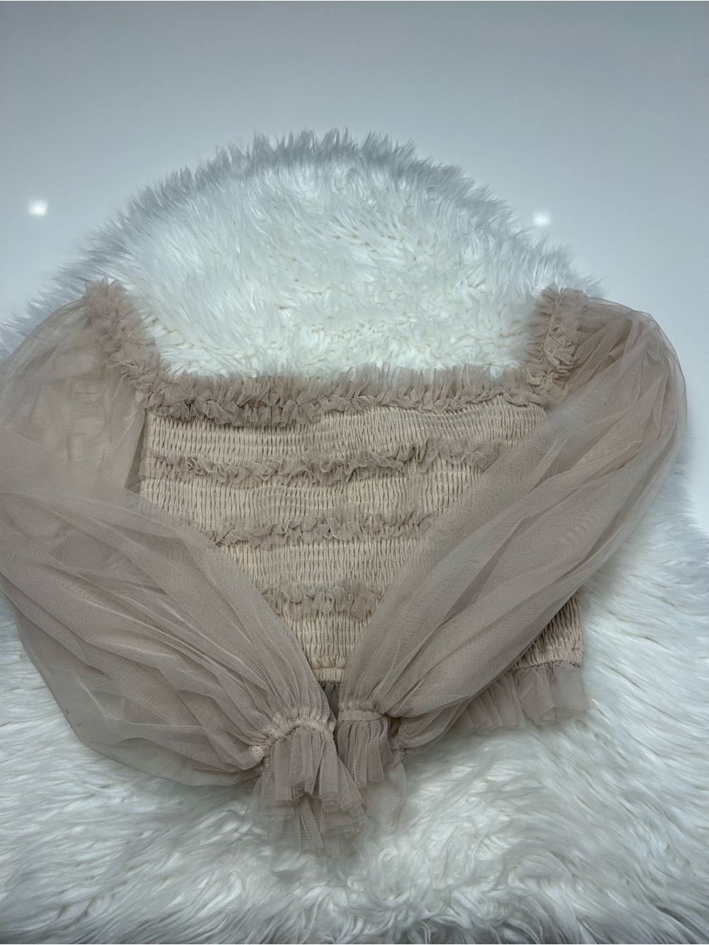 Sheer Puff Sleeve Smocked Crop Top - Nude Size Medium